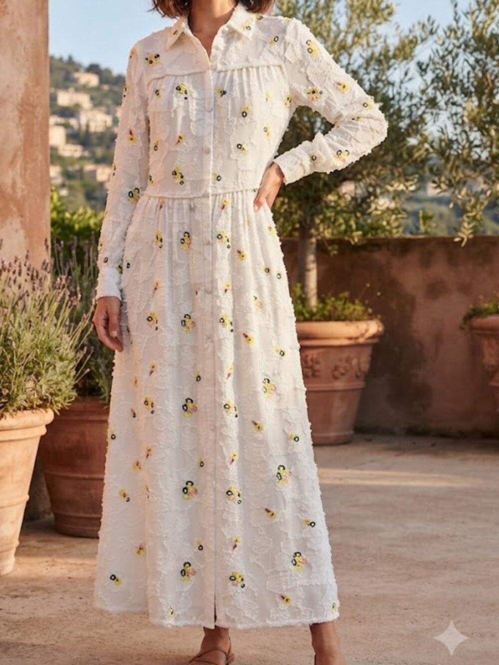 Paul & Joe Paris Long-Sleeve Maxi Dress with Yellow Floral Accents Size 36